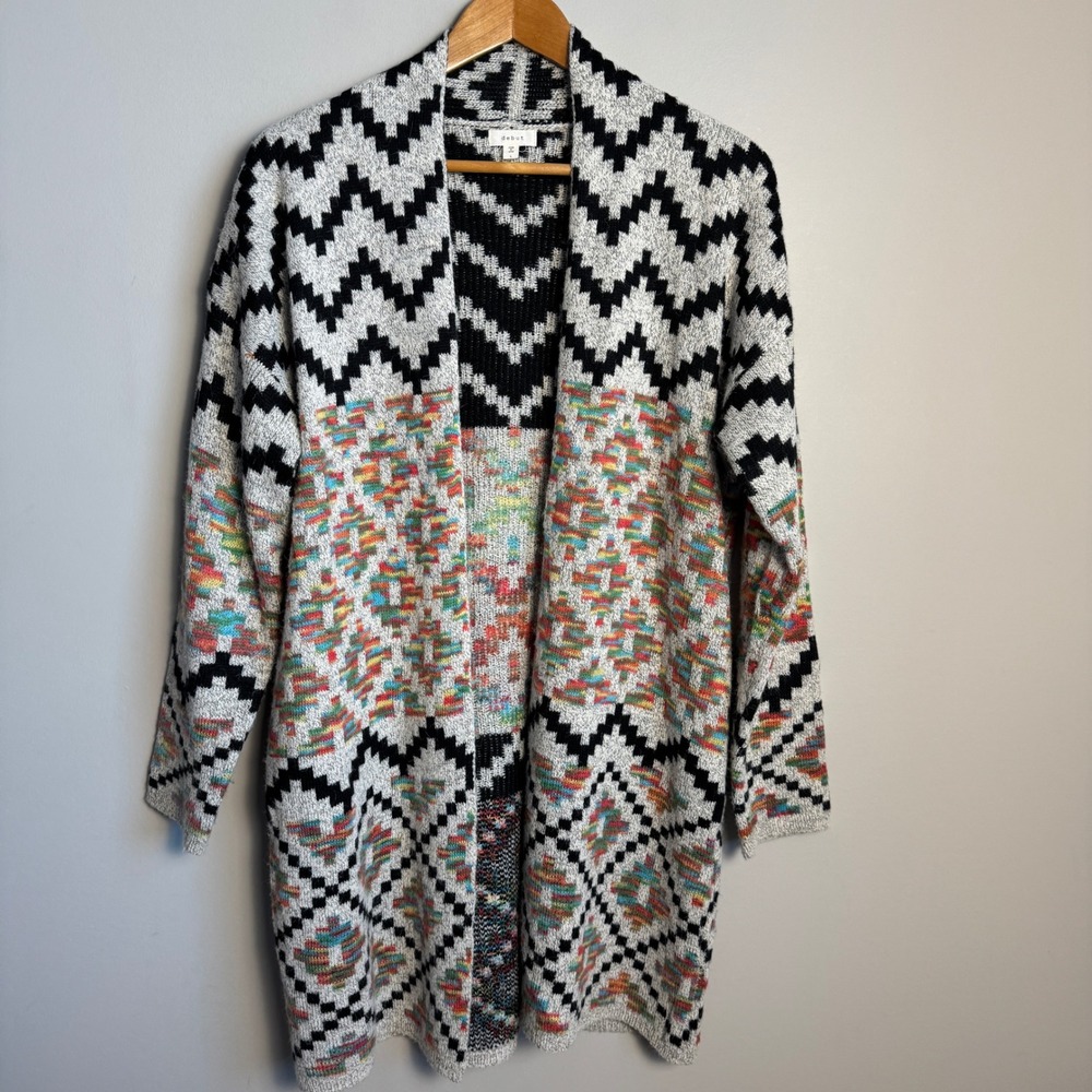 Debut Women's Geometric Aztec Pattern Open Front Knit Cardigan Sweater Large‎